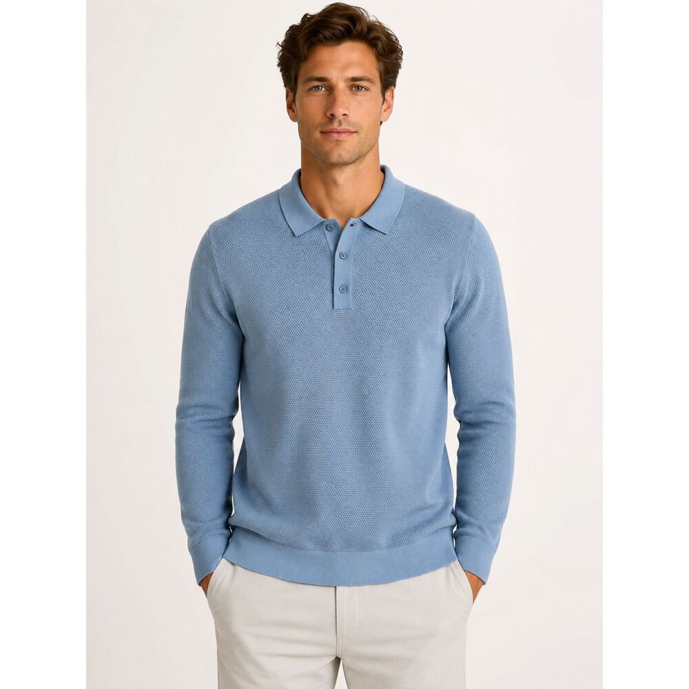 Onia Men’s XL Blue Textured Knit Polo Sweater Long Sleeve 100% Cotton
